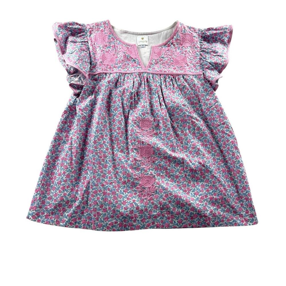 J. Marie Top Womens Size S Embroidered Pink Blue Floral Flutter Sleeve Coquette